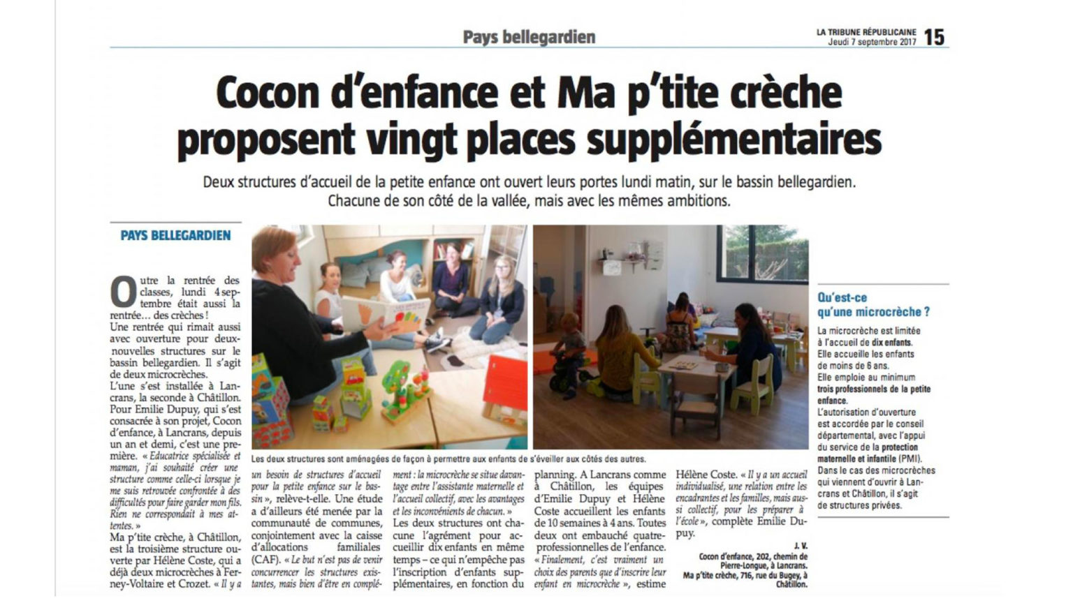 Article de presse septembre 2017  Microcrèche Cocon d'enfance